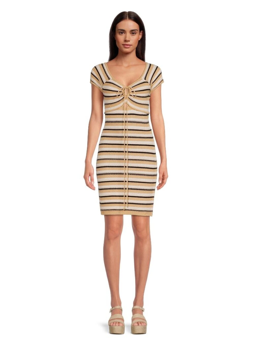 Madden NYC Crochet Knit Neutral Striped Mini Dress M| Coastal Cowgirl Boho Indie